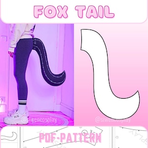 May include: A PDF pattern for a fox tail costume. The pattern is shown on a white background with the words "PDF-PATTERN" in black. The tail is shown in a white outline on a pink background. The tail is shaped like a curved line with a rounded end.