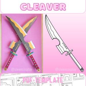 Può includere: Due cleaver cosplay incrociati con lame grigie, accenti gialli e arancioni e manici rossi e verdi. Viene mostrato anche un disegno al tratto di un cleaver. La parola "CLEAVER" è scritta in rosa sopra i cleaver.