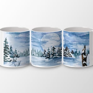 Snowy Winter Mug, Watercolor Landscape Art, Moonlit Forest, Christmas Mug, Holiday Gift, Cozy Coffee Mug, Winter Wonderland Design