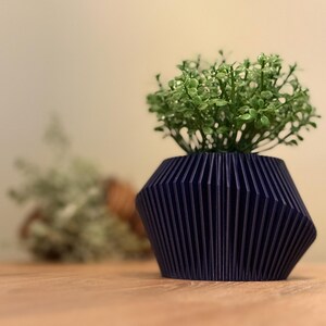 May include: A small, dark blue, geometric planter with a ribbed design. The planter is filled with a green succulent plant.