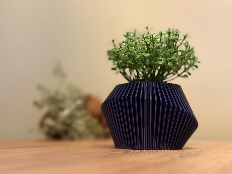 May include: A small, dark blue, geometric planter with a ribbed design. The planter is filled with a green succulent plant.