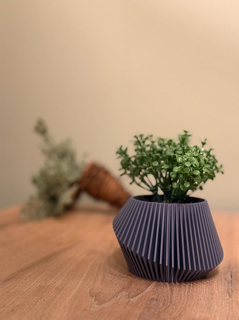 May include: A small, dark grey, geometric planter with a plant with green leaves. The planter has a unique, pleated design.