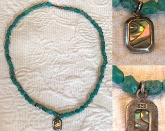 Vintage Genuine turquoise & silver abalone Necklace semiprecious stones 925