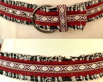 90s Aztec tribal print woven cloth fringe belt Bohemian Boho