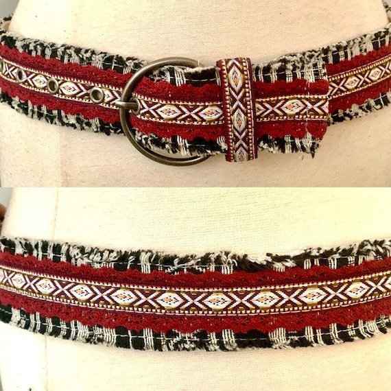 90s Aztec tribal print woven cloth fringe belt Boh