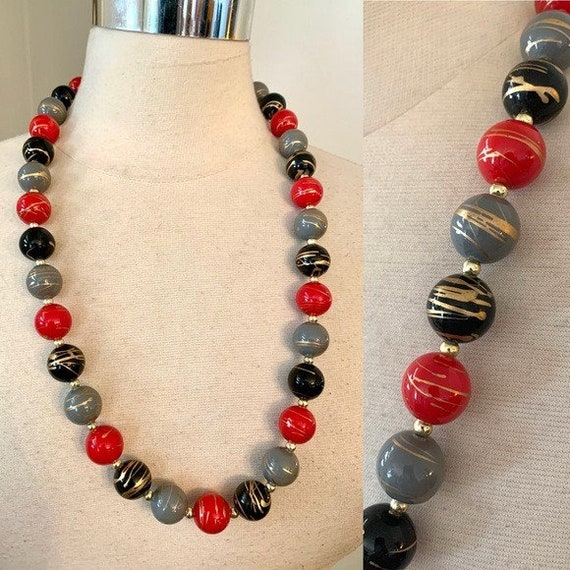 Vintage Black Red Gray Beaded Necklace Gold Splat… - image 1