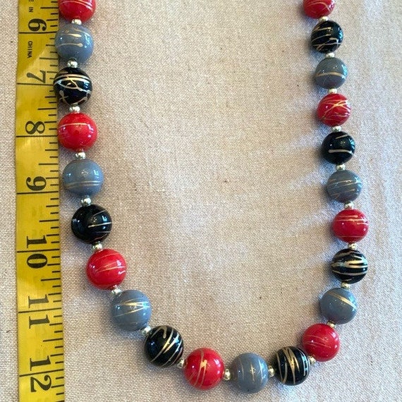 Vintage Black Red Gray Beaded Necklace Gold Splat… - image 10