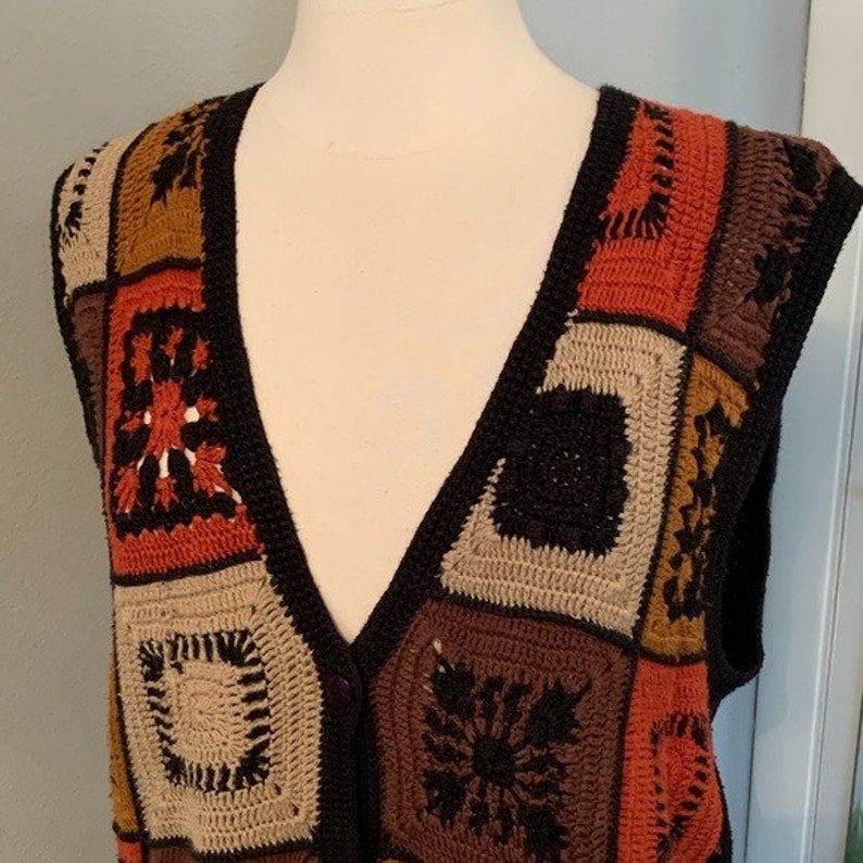 Vintage Crochet Patchwork Vest Boho Bohemian M image 3