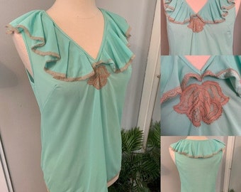 Vintage Ruffle Cami Nightie Top Mint green size S cottagecore romantic