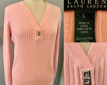 Lauren Ralph Lauren Pink Ribbed Pullover Sweater V-Neck Sz: women’s L  / large