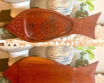 HandCarved Fish Teak Wood Platter Tray Plate Fruit Tiki Luau Party Tray MCM Midcentury Modern