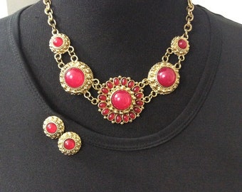 Vintage Chunky Gold Red Necklace Matching Earrings