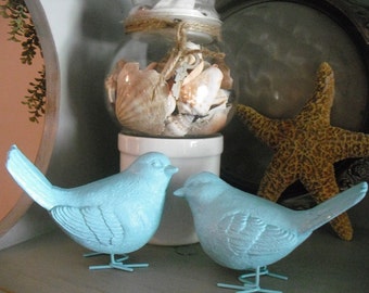 2 upcycled ~ Robin's Egg Blue Birds ~ Wedding topper love birds ~ Cottage chic decor