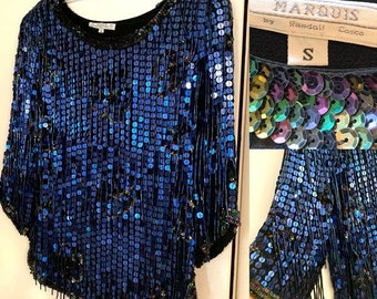 Women’s Royal Blue sequined beaded Blouse Top size Small Evening Cocktail Party