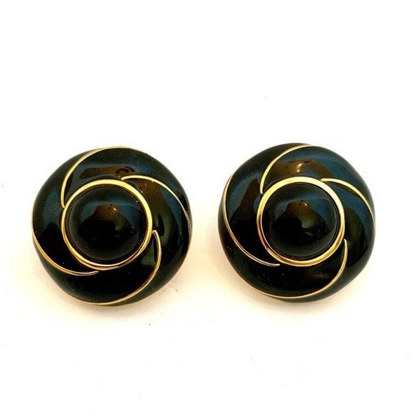 Vintage Napier Black & Gold Enamel Earrings Round Swirl clip Modern Jewelry