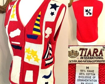 Vintage Tiara Nautical Sweater vest Sailboats novelty Stars  Art to wear Sz M