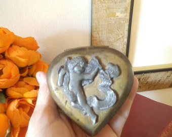 Vintage Brass Pewter Cupid Cherub Heart hinged box ~ Wedding ~ Perfect RING Box ~ Keepsake Angel vanity desk romantic Victorian