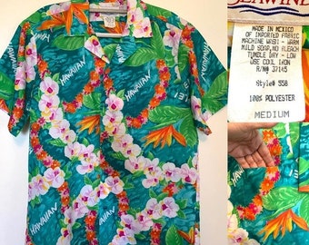 Men’s Vintage Hawaiian Shirt size M Green Pink Lei short sleeves button up Seawind Tiki beach party