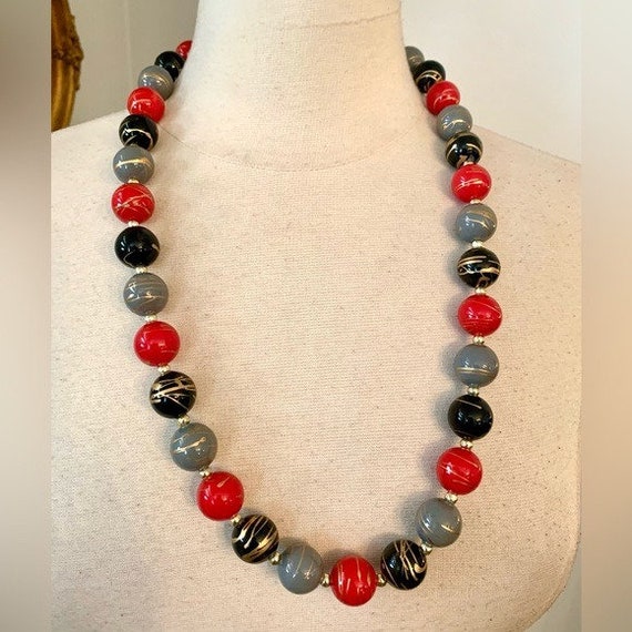 Vintage Black Red Gray Beaded Necklace Gold Splat… - image 2