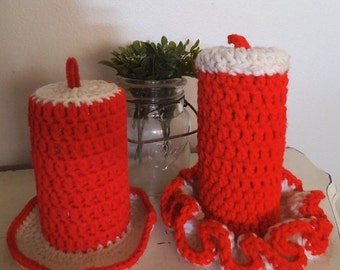 Vintage Crochet Christmas Candle set ~ Red and White ~ Handmade
