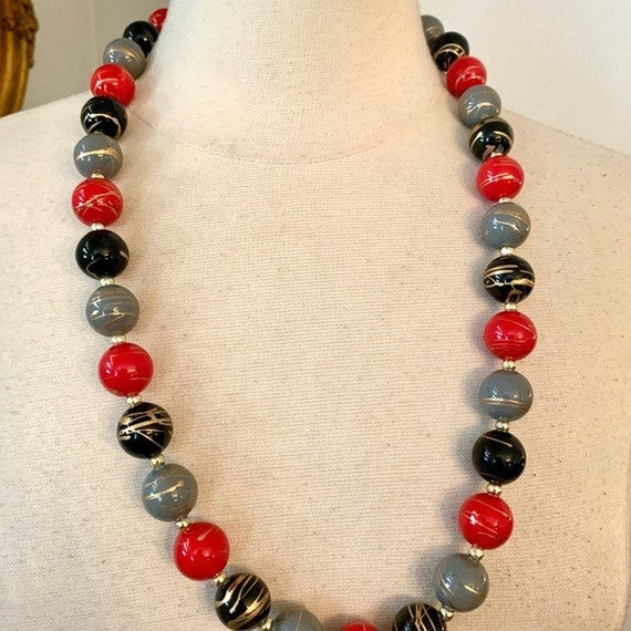 Vintage Black Red Gray Beaded Necklace Gold Splat… - image 9