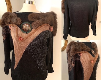 Vintage 80’s Fur Embellished Sweater Beaded  Avant-Garde Art To Wear size  M Mob Wife vibes