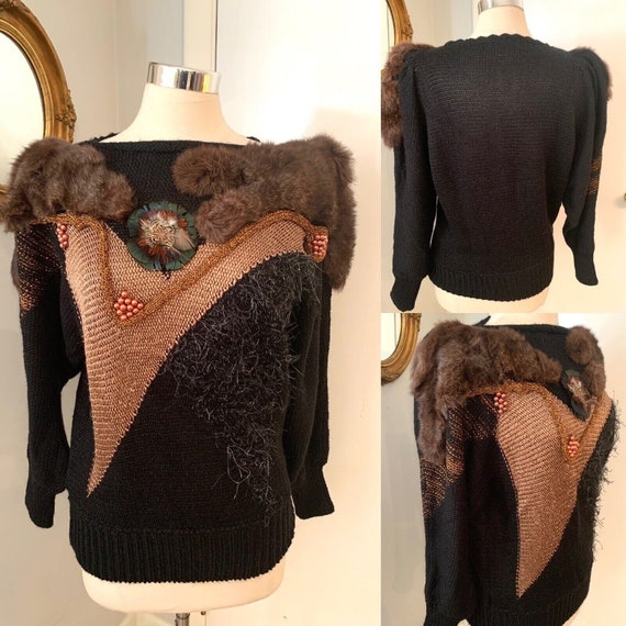 Vintage 80’s Fur Embellished Sweater Beaded  Avan… - image 1