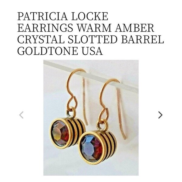 Patricia Locke Signed Earrings Amber Crystal GemStone Gold slotted Barrel Drop