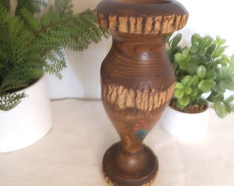 Vintage Turned Wood Vase ~ Rustic Natural Edge Bark ~ Textured  Wooden  Brown Contrast Wood Grain ~ Cabin decor