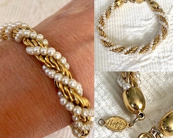 Vintage Napier gold & pearl twisted Rope Bracelet Signed costume jewelry wedding Party jewelry