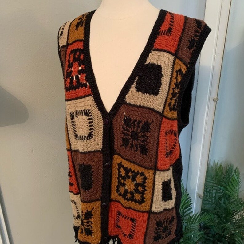 Vintage Crochet Patchwork Vest Boho Bohemian M image 8