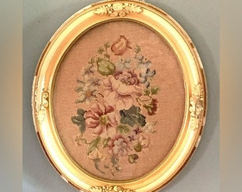 Vintage Roses Floral Needle Point petite point Framed Shabby Chic Cottagecore