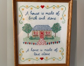 Vintage Framed  Crewel Cross-stitch Sampler Cottagecore Grannycore Wall decor