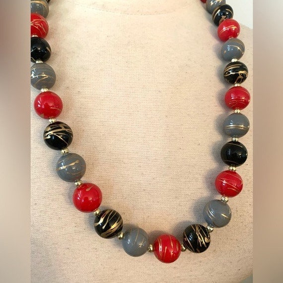 Vintage Black Red Gray Beaded Necklace Gold Splat… - image 3