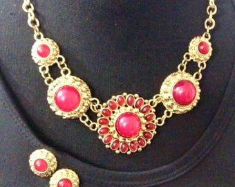 Vintage Chunky Gold Red Necklace Matching Earrings
