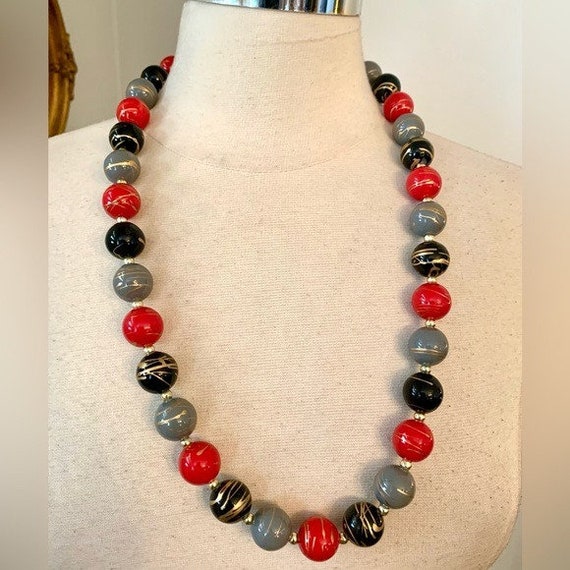 Vintage Black Red Gray Beaded Necklace Gold Splat… - image 8