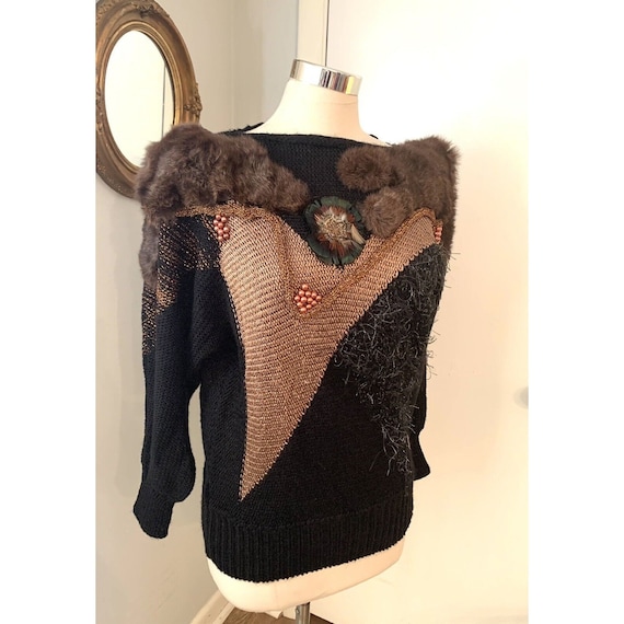 Vintage 80’s Fur Embellished Sweater Beaded  Avan… - image 4