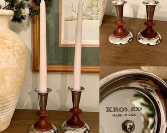 Pair Kromex Teak Taper candle holders MCM mid century modern