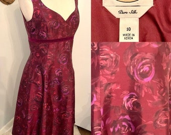 Talbot’s Pure Silk Cocktail Dress Size 10 Burgundy Floral Sleeveless Fit & Flair