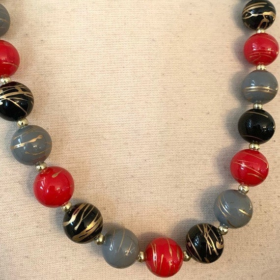 Vintage Black Red Gray Beaded Necklace Gold Splat… - image 7
