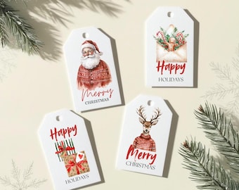 May include: Four white rectangular gift tags with rounded top corners and punched holes. Designs include a Santa Claus, a gingerbread person in an envelope, a stack of wrapped presents, and a reindeer, all with Merry Christmas or Happy Holidays text.