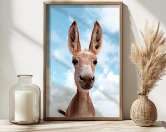 Impression de chambre de bébé âne : art mural animal souriant