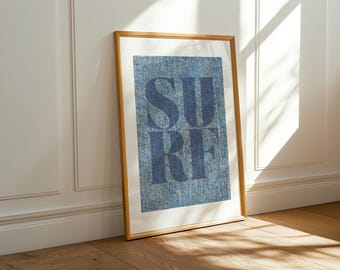 Denim Surf Poster: Modern Coastal Beach House Decor, College Decor, Fashion (Digital Download)