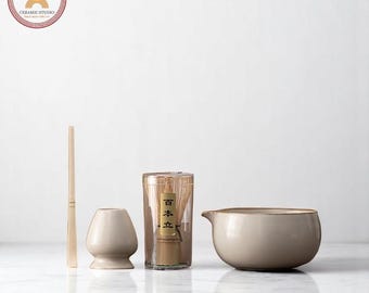 Green Ceramic Matcha Bowl Set with Spout 450ml Bamboo Whisk Chasen Holder Japanese Tea Ceremony Set Unique Matcha Whisk Gift Set gift for me