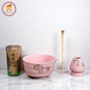 Ceramic matcha bowl set with spout pink matcha tea bowl with bamboo whisk and chasen holder unique matcha ceremonial tea set gift for her