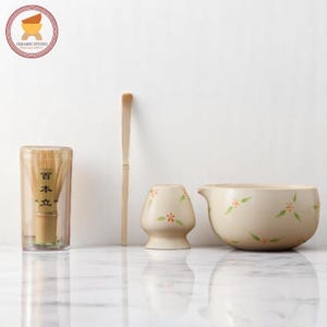 white Hand Painted Flower Ceramic Matcha Bowl Set 450ml Green Tea Set with Bamboo Whisk Chasen Holder Japanese Chawan Matcha Gift for Her