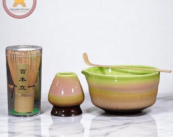 Ceramic Matcha Whisk Set 450ml Gradient Green Bowl Japanese Tea Ceremony Kit with Bamboo Whisk Chasen Holder Matcha Tools Gift Set gift for