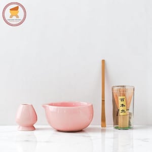 Ceramic matcha bowl set with spout pink matcha tea bowl with bamboo whisk and chasen holder unique matcha ceremonial tea set gift for her