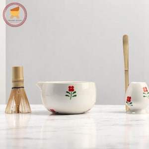 Original Kirschblüte Matcha Schüssel Set 500ml Keramik Chawan Bambus Schneebesen und Chasen Halter Japanische Beige Matcha Tee Geschenkset Kit Zeremonie