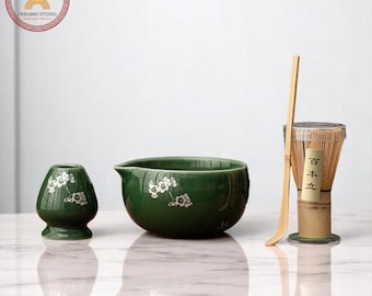 Green Ceramic Matcha Bowl Set with Spout 450ml Bamboo Whisk Chasen Holder Japanese Tea Ceremony Set Unique Matcha Whisk Gift Set gift for me